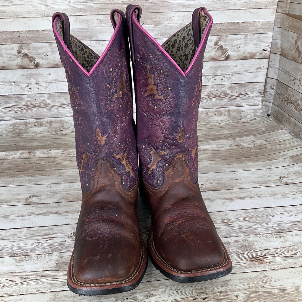 LAREDO WOMENS LOLA COWGIRL BROWN/PINK TRIM EMBROIDERED SQUARE TOE WESTERN BOOTS - Picture 3 of 11